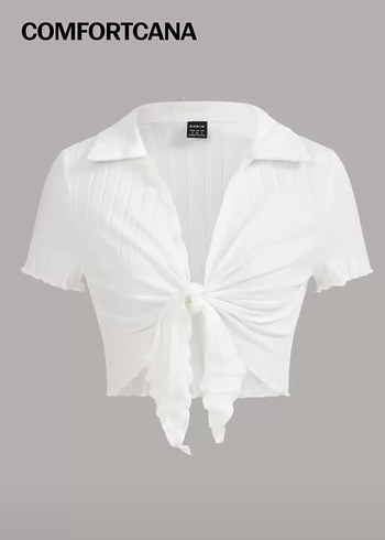 Sheinside Shein Beyaz Pileli Crop Bluz