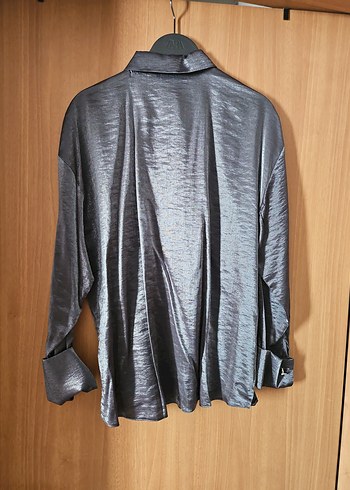 Zara Gri Düğmeli Keten Kadın Gömlek