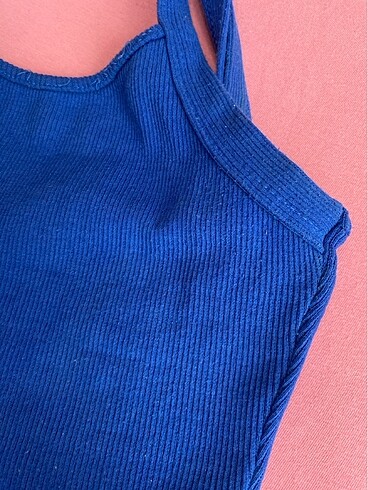 Mavi kaşkorse kumaş çapraz. Askılı bağlamalı crop top bluz