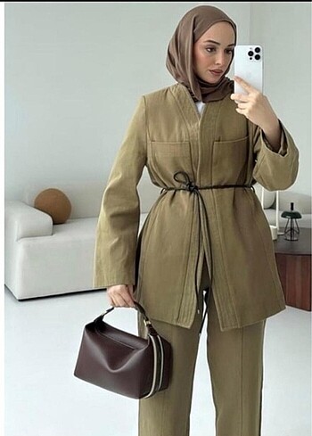 Gabardin kemerli haki ikili takımı