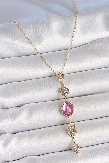Gold Renk Pembe Zirkon Taşlı Y Kolye
