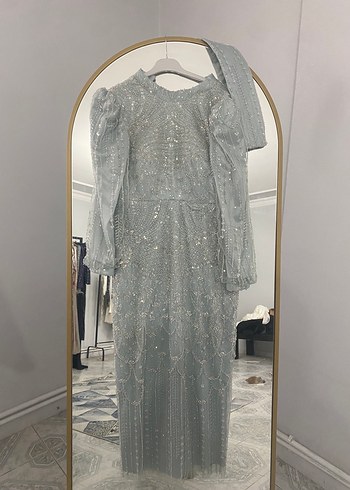 Gri İşlemeli Uzun Kollu Abiye Elbise - Görsel 3