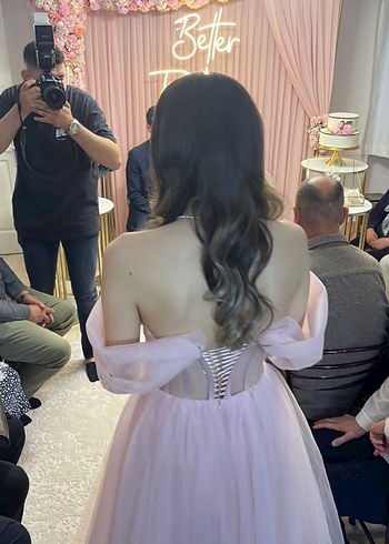 Pudra Renk Piliseli Straplez Nişan Elbisesi - Görsel 5