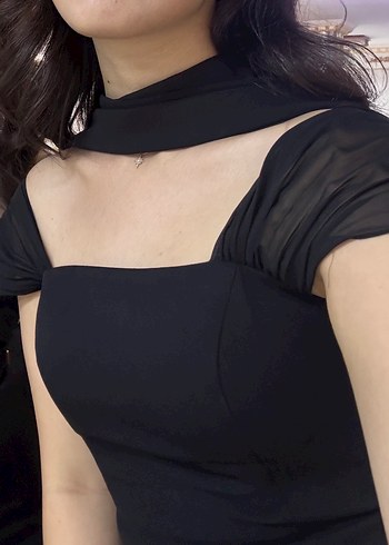 Siyah Drapeli Uzun Kadın Elbise - Görsel 2