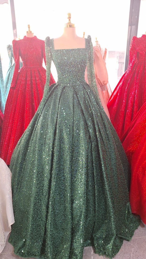 Yeşil transparan Kollu Parlak Abiye Elbise - Görsel 2