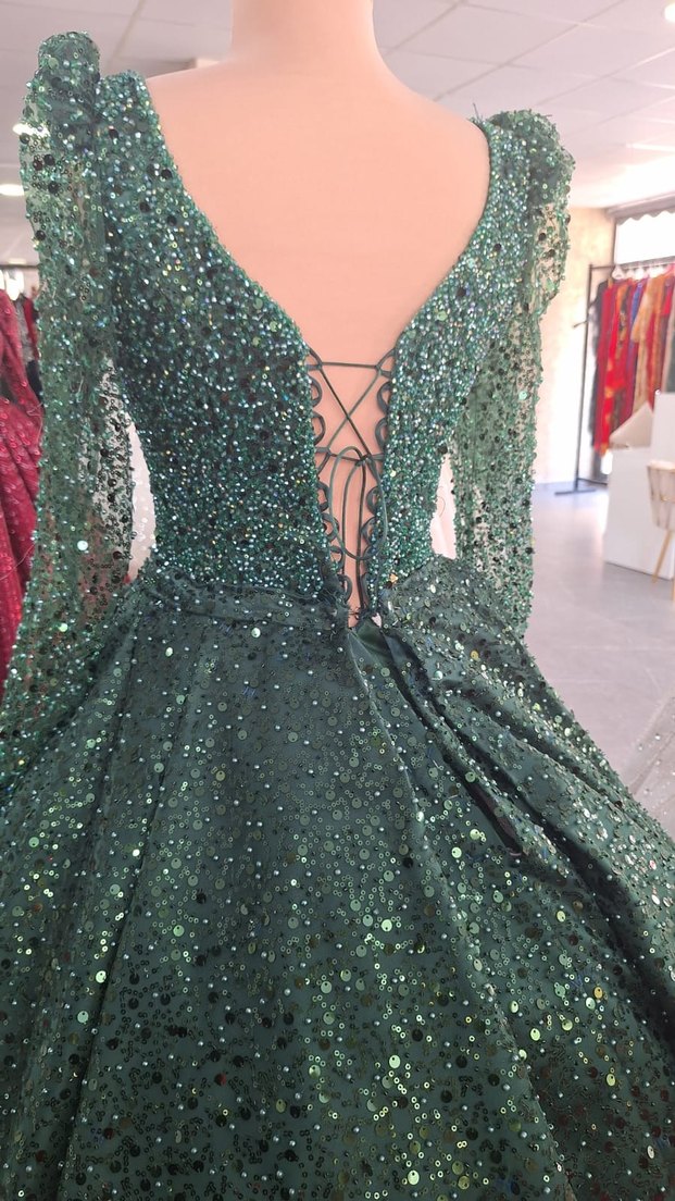 Yeşil transparan Kollu Parlak Abiye Elbise - Görsel 3