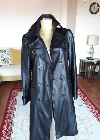 Kadın Siyah Deri Uzun Trençkot suni deri nubuk karışımı yeni - Görsel 5