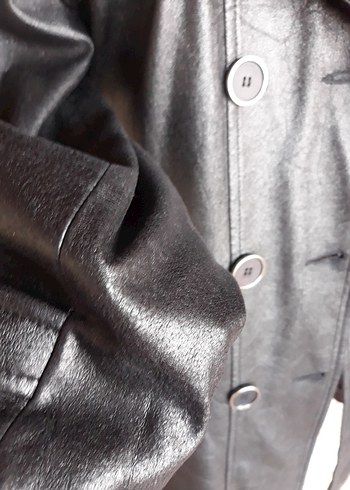 Kadın Siyah Deri Uzun Trençkot suni deri nubuk karışımı yeni - Görsel 8