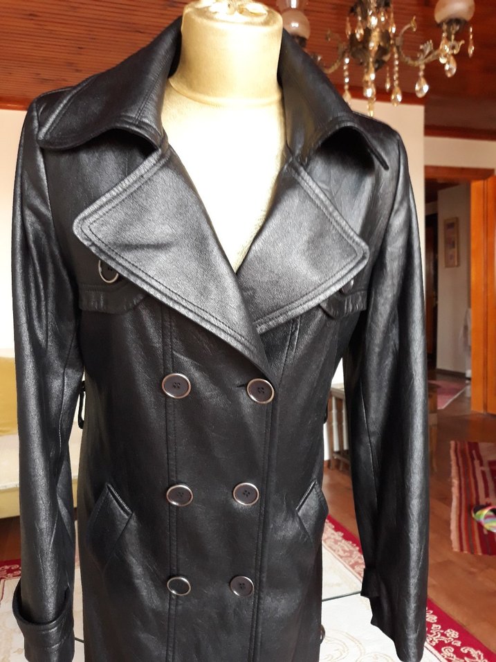 Kadın Siyah Deri Uzun Trençkot suni deri nubuk karışımı yeni - Görsel 2