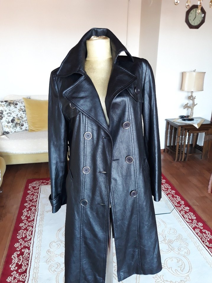 Kadın Siyah Deri Uzun Trençkot suni deri nubuk karışımı yeni - Görsel 5