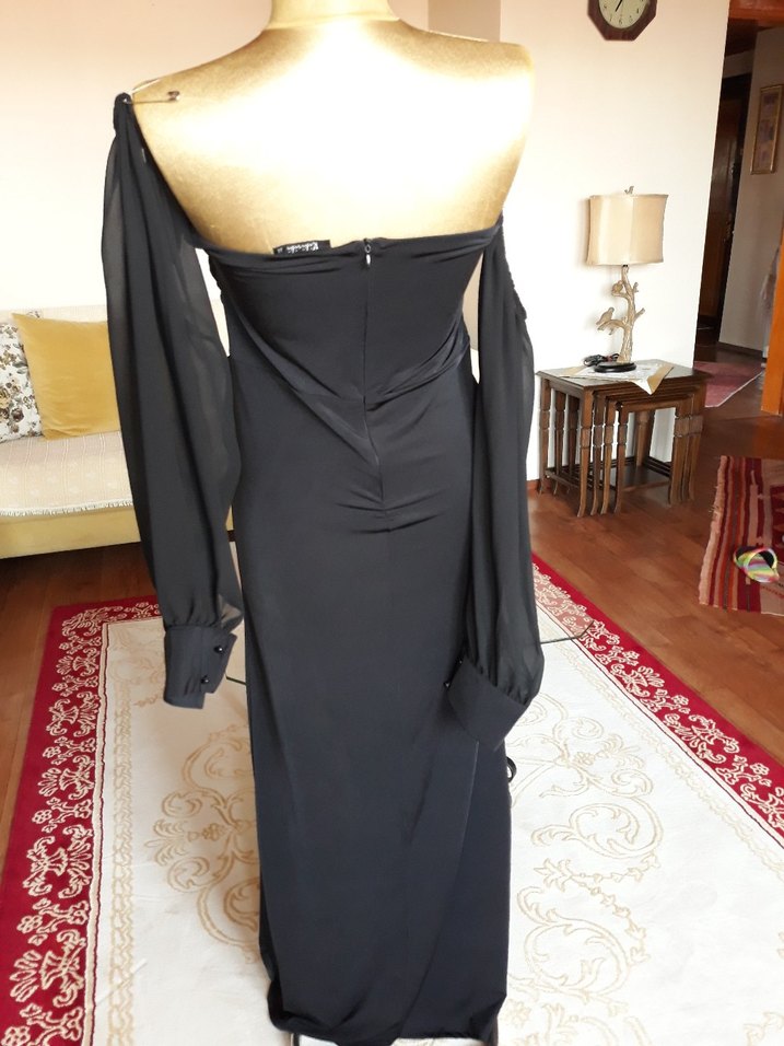 Siyah Straplez Drapeli Uzun Abiye Elbise - Görsel 5