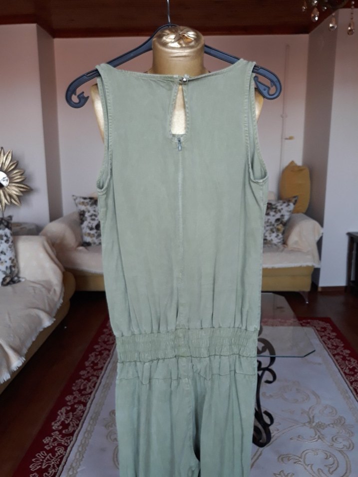 Kadın Haki Keten Bol Kesim Uzun Tulum - Görsel 2