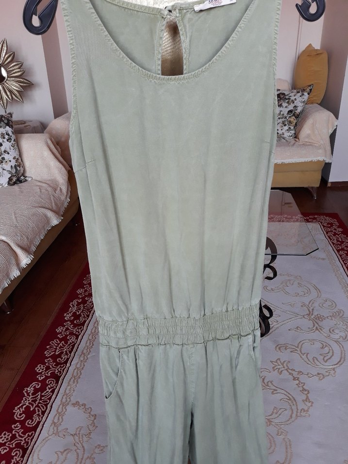 Kadın Haki Keten Bol Kesim Uzun Tulum - Görsel 3