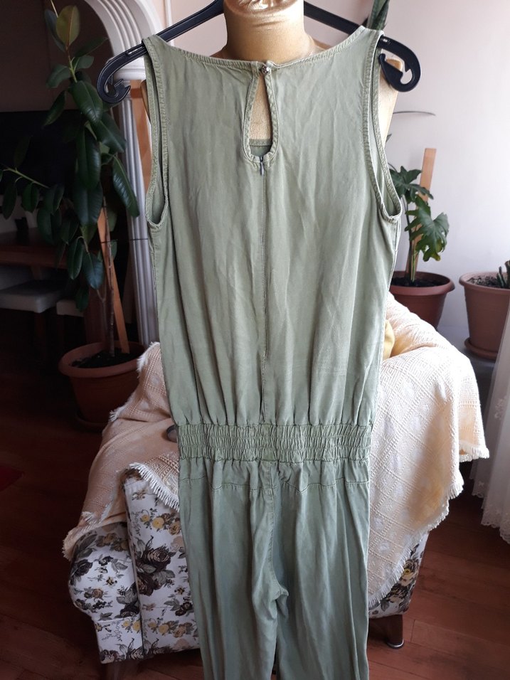 Kadın Haki Keten Bol Kesim Uzun Tulum - Görsel 5