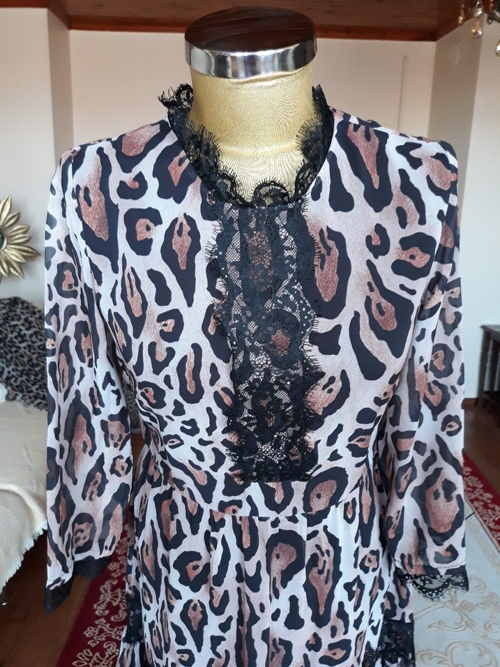 Dantel Detaylı Leopar Desenli Bohem Uzun Elbise - Görsel 2