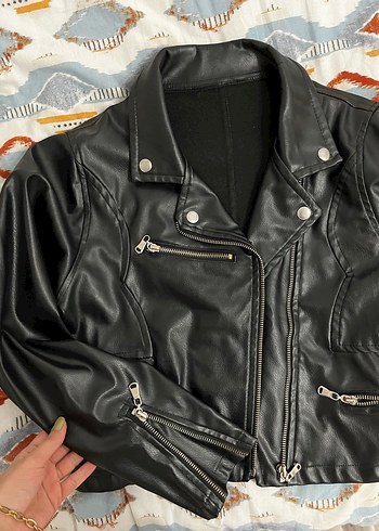 s Beden Siyah Deri Biker Ceket, Tokalı, Sıkı Kesim