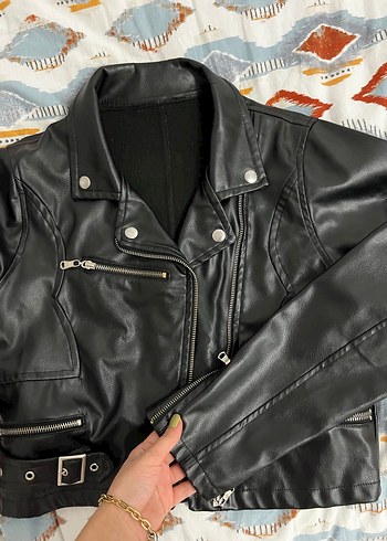 s Beden siyah Renk Siyah Deri Biker Ceket, Tokalı, Sıkı Kesim
