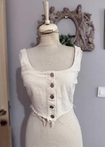 Düğmeli Beyaz Keten Bohem Büstiyer - Görsel 6