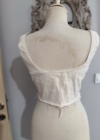 Düğmeli Beyaz Keten Bohem Büstiyer - Görsel 7