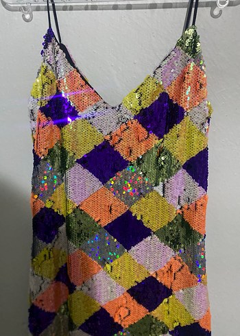 Kadın Çok Renkli Mini Payetli Elbise - Görsel 7