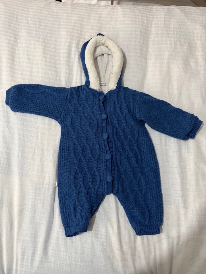 Mavi Örgü Bebek Tulumu Kapüşonlu - Görsel 2