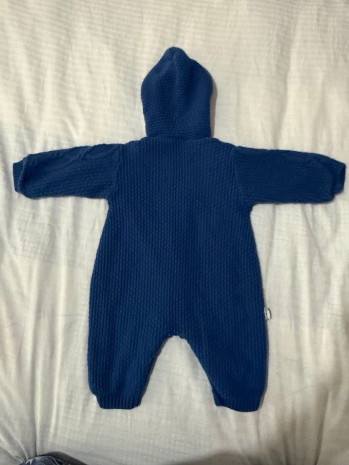 Mavi Örgü Bebek Tulumu Kapüşonlu - Görsel 3