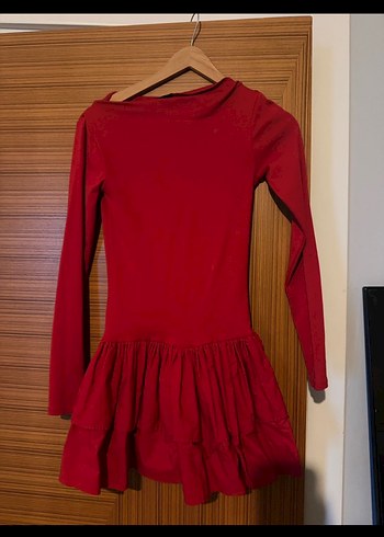 Uzun Kollu Kırmızı Mini Elbise - Görsel 2