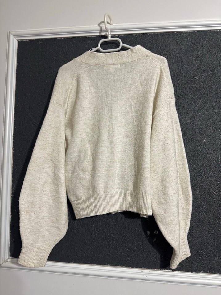 Bej Örgü Kadın Hırka, Uzun Kollu, Rahat Kesim - Görsel 2