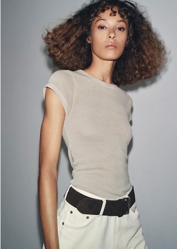 Bej Kısa Kollu Basic Tişört - Görsel 3