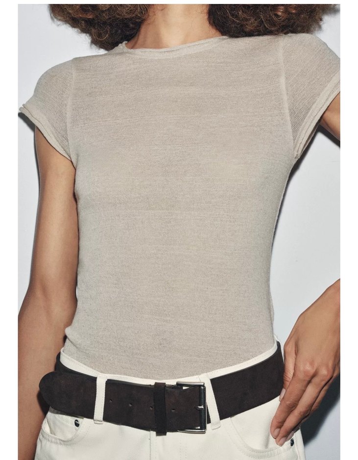 Bej Kısa Kollu Basic Tişört - Görsel 2