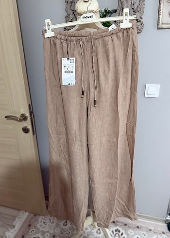 m Beden camel Renk Bej Keten Salaş Midi Kadın Pantolon