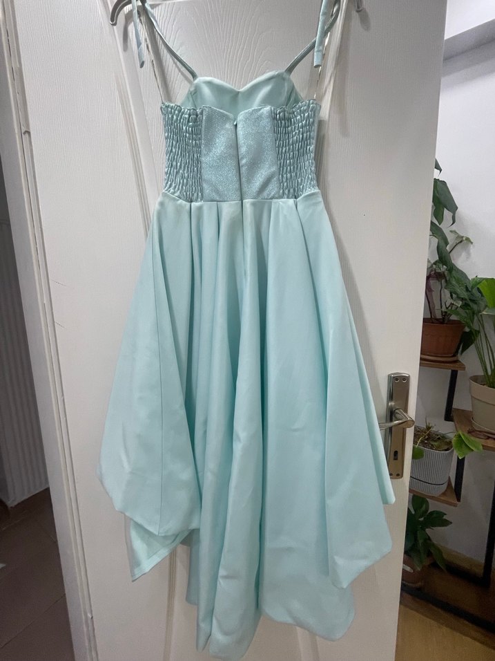 Turkuaz Drapeli Straplez Mini Abiye Elbise - Görsel 2