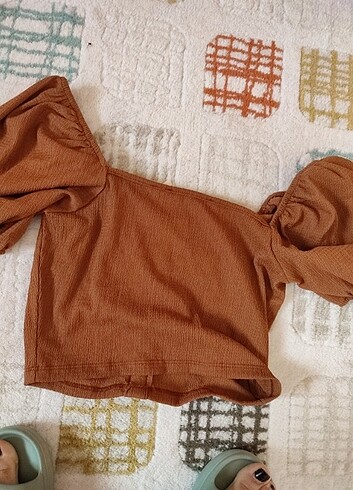 xs Beden turuncu Renk koton hardal rengi crop bluz