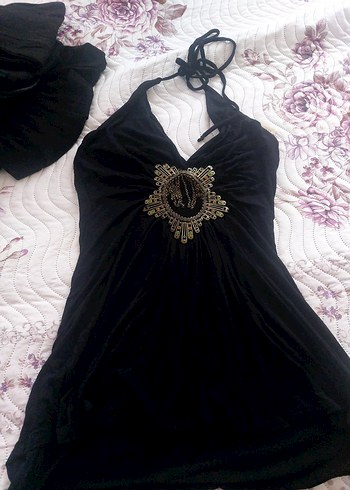 Siyah Drapeli Midi Halter Yaka Gotik Elbise bluz