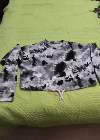 l Beden Mavi Batik Desenli Kadın Sweatshirt