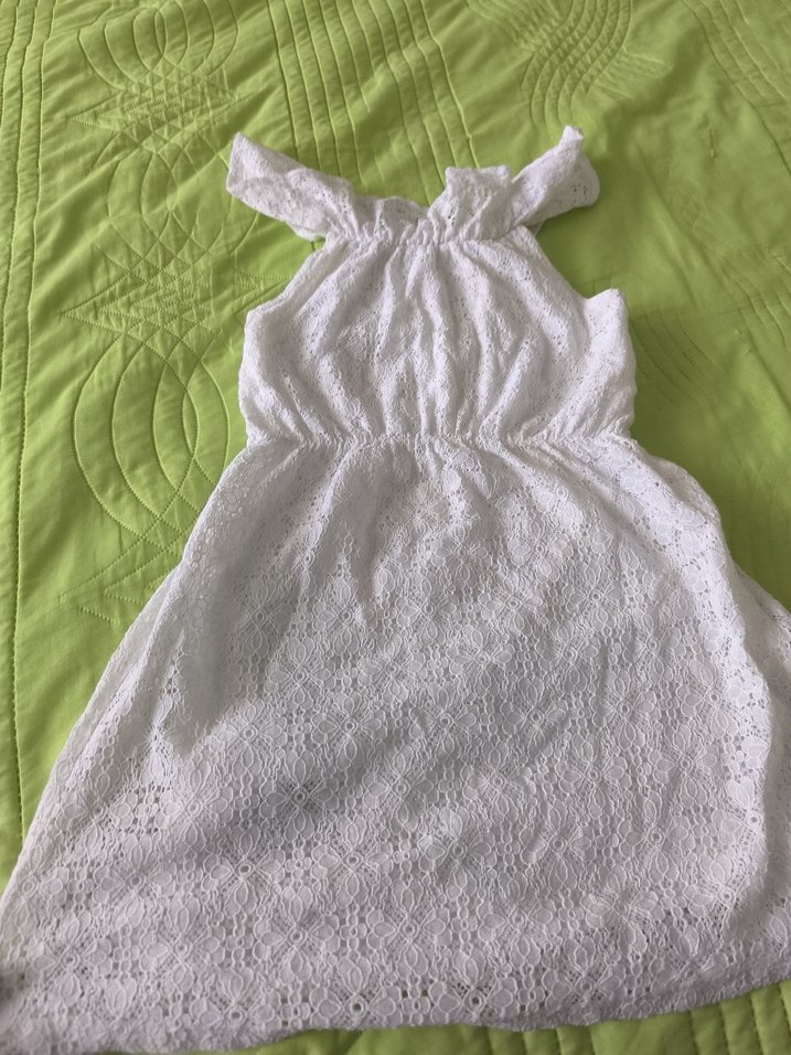 Kolsuz Fırfırlı Beyaz Keten Kız Elbisesi - Görsel 3