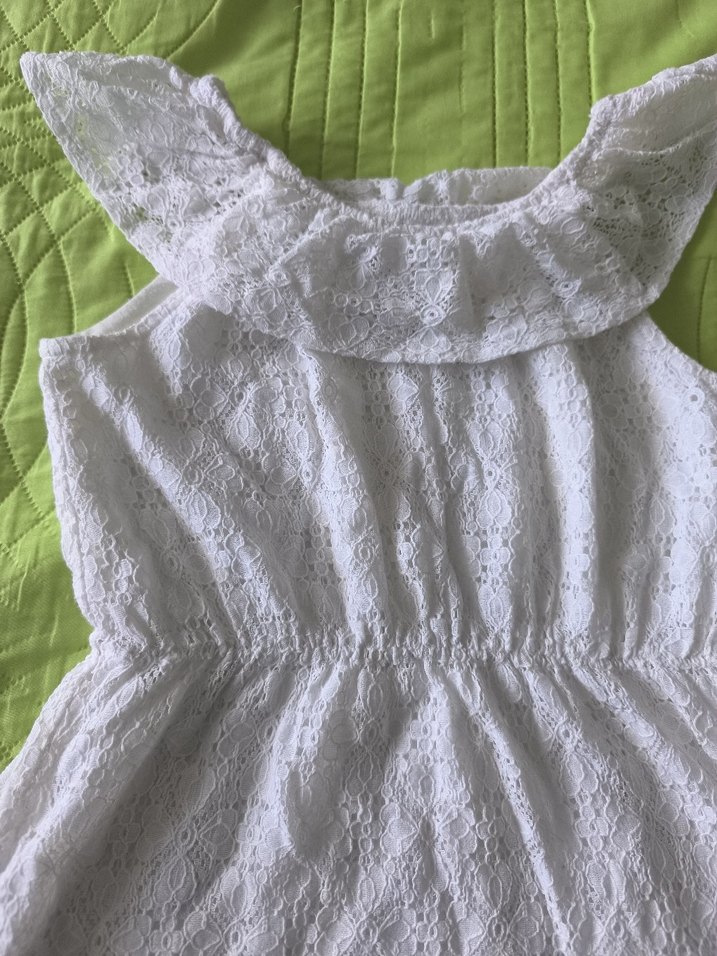 Kolsuz Fırfırlı Beyaz Keten Kız Elbisesi - Görsel 2