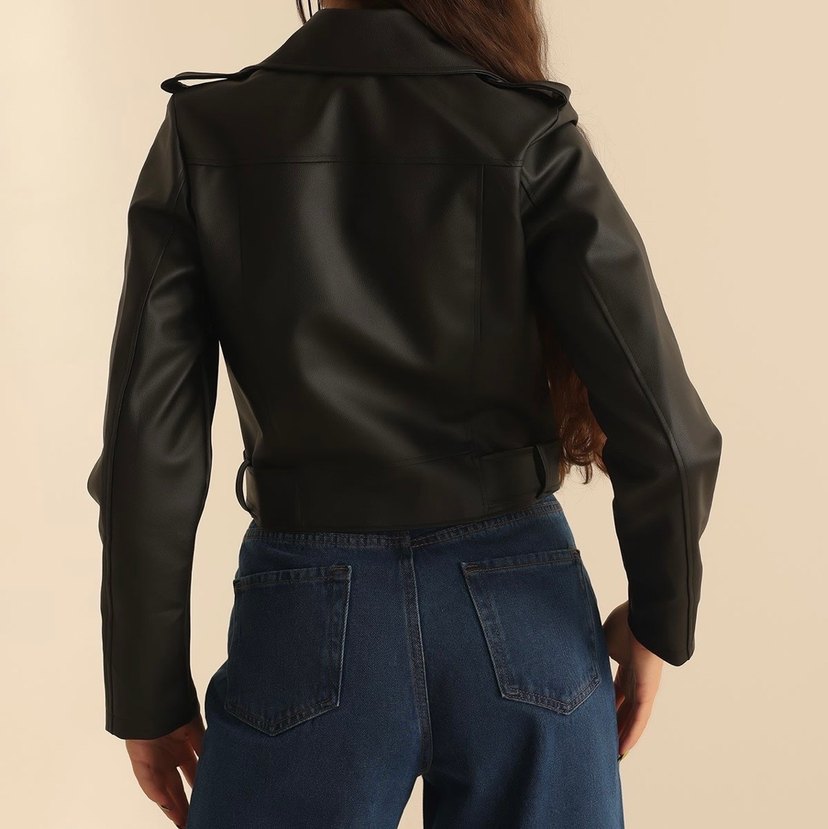 Kemerli Siyah Deri Ceket - Görsel 4