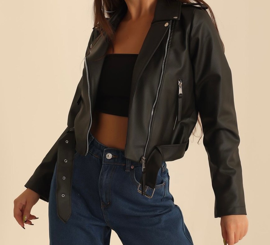 Kemerli Siyah Deri Ceket - Görsel 2