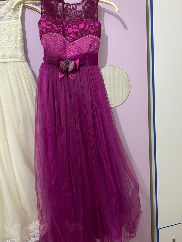 Mor Dantel Detaylı Uzun Abiye Elbise - Görsel 2