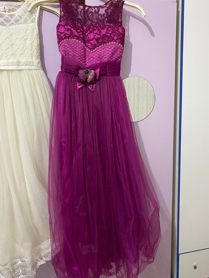 Mor Dantel Detaylı Uzun Abiye Elbise - Görsel 3