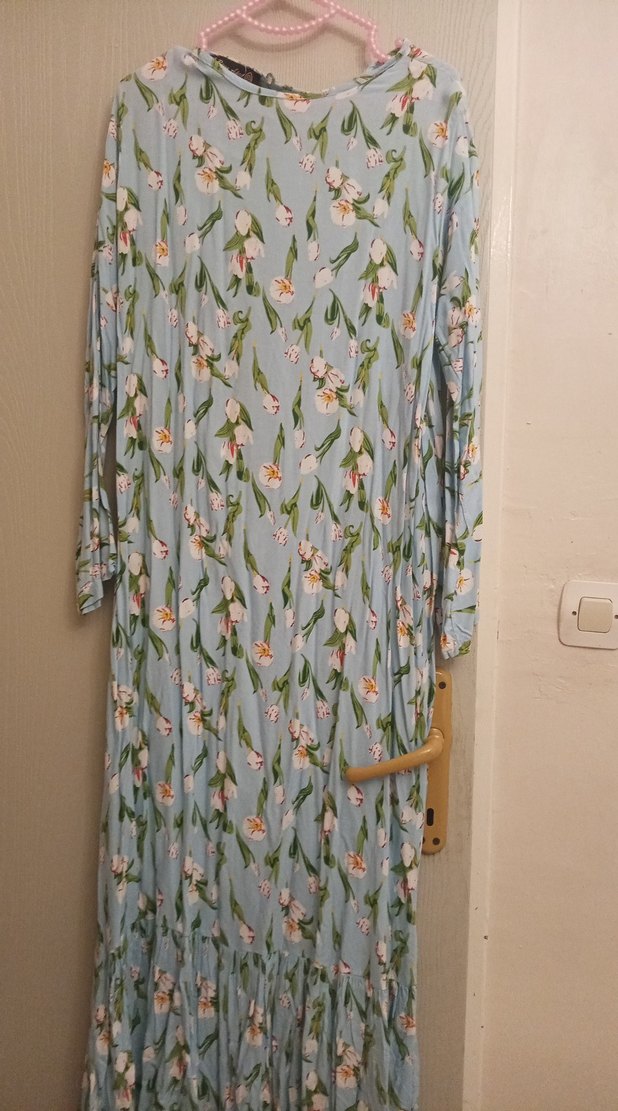 Mavi Çiçekli Uzun Piliseli Bohem Elbise - Görsel 5