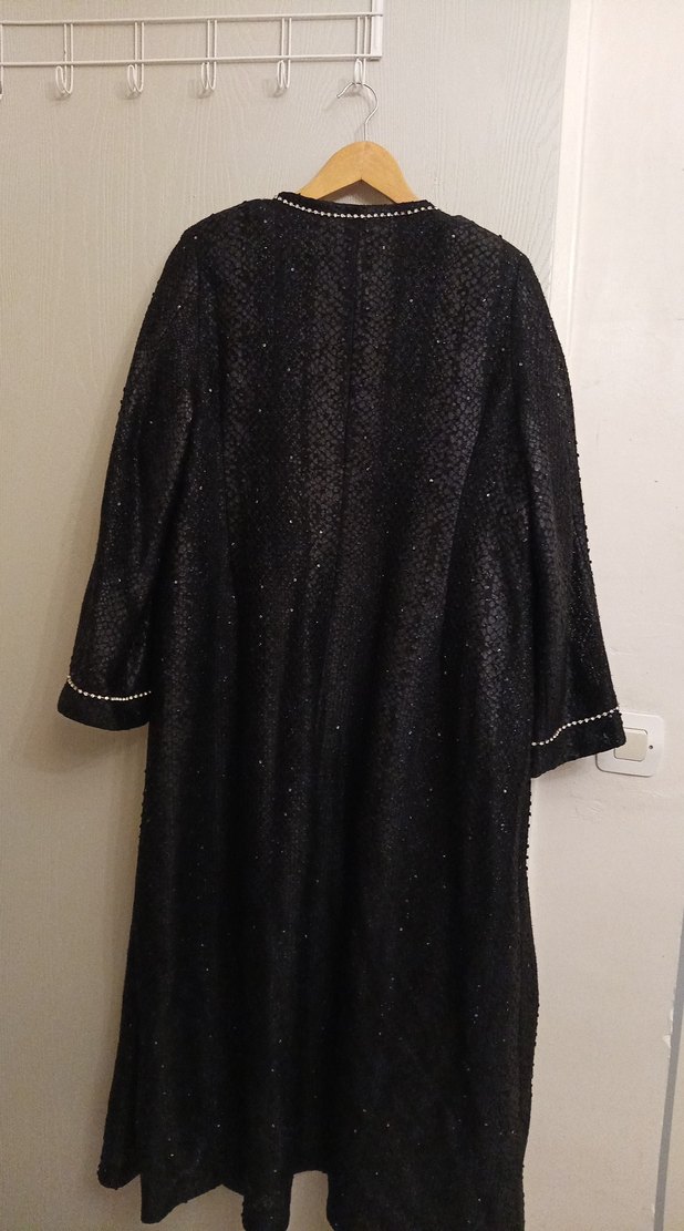Nakışlı Siyah Uzun Kadın astarlı Abiye süet kumaşlı Manto - Görsel 5