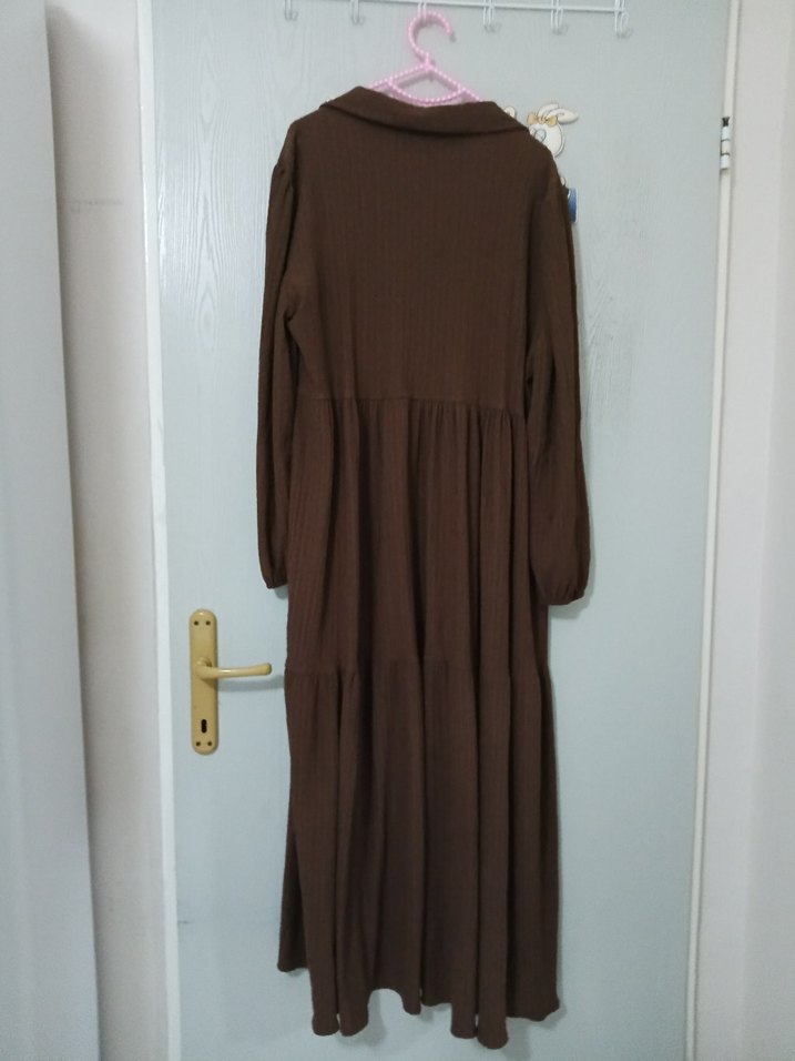 Kadın Kahverengi Uzun Keten Elbise - Görsel 3