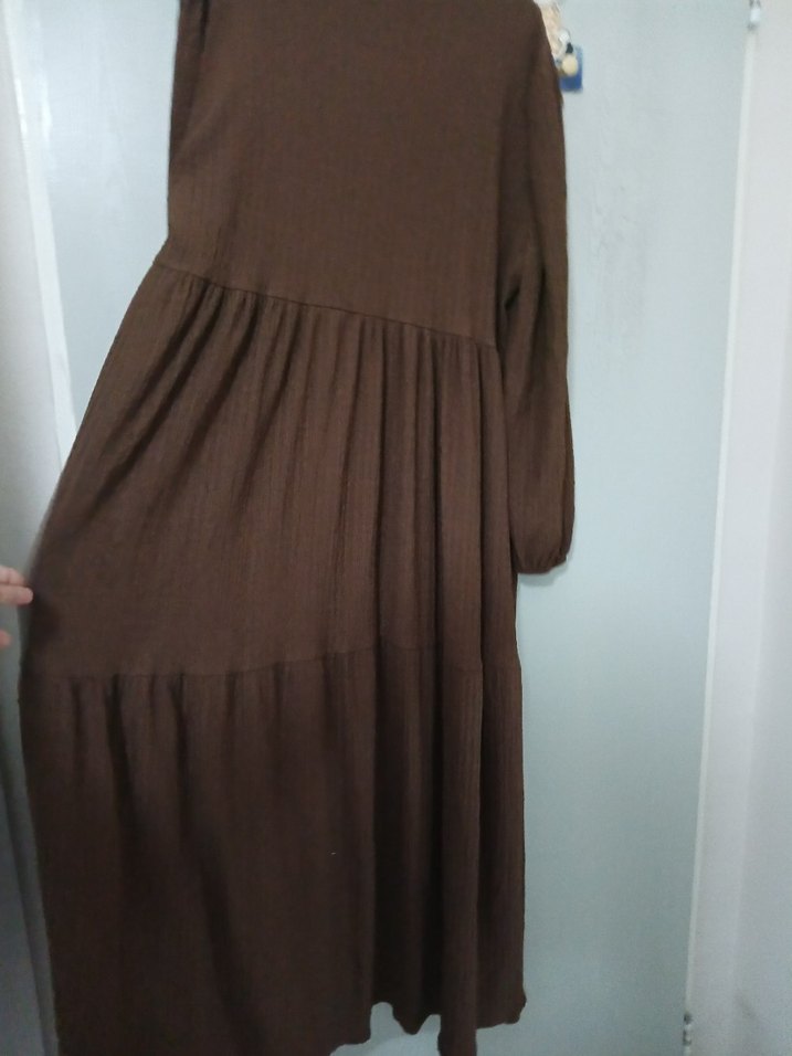 Kadın Kahverengi Uzun Keten Elbise - Görsel 4