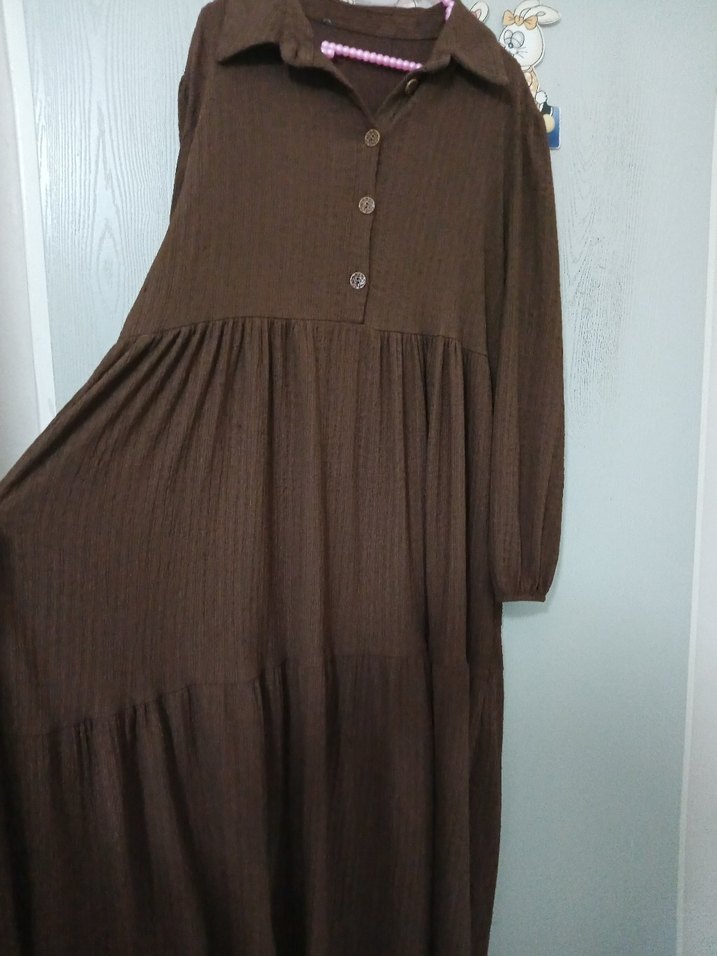 Kadın Kahverengi Uzun Keten Elbise - Görsel 2