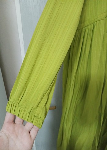 Yeşil Uzun Kollu Pliseli Keten Elbise - Görsel 4