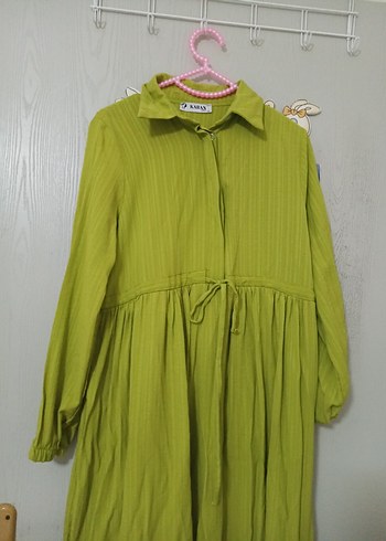 Yeşil Uzun Kollu Pliseli Keten Elbise - Görsel 5