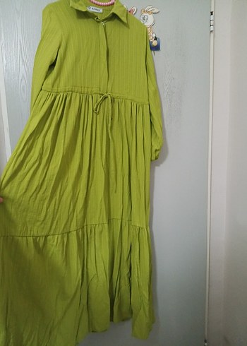 Yeşil Uzun Kollu Pliseli Keten Elbise - Görsel 2