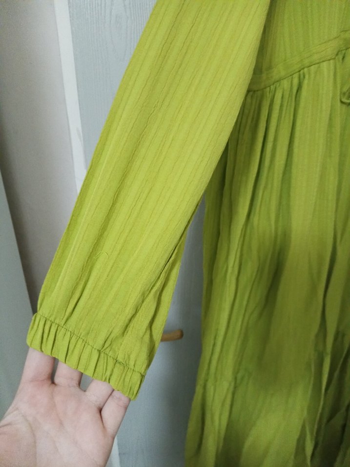 Yeşil Uzun Kollu Pliseli Keten Elbise - Görsel 4